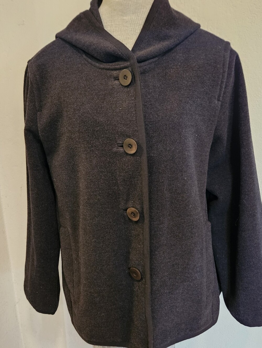 Eileen Fisher Wool Nylon Blend Hooded Jacket | Minimalist Button Front Size M